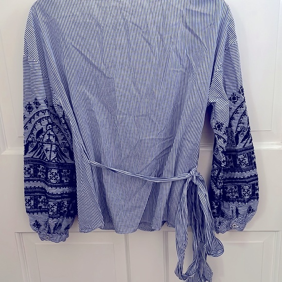 Beautiful Blue and White Striped with Embroidered Puff Sleeve Wrap Blouse - Picture 5 of 5